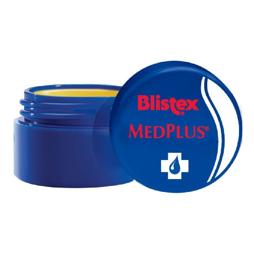 Pot bleu ouvert avec contenu jaune. Couvercle avec "Blistex MEDPLUS" et logo.