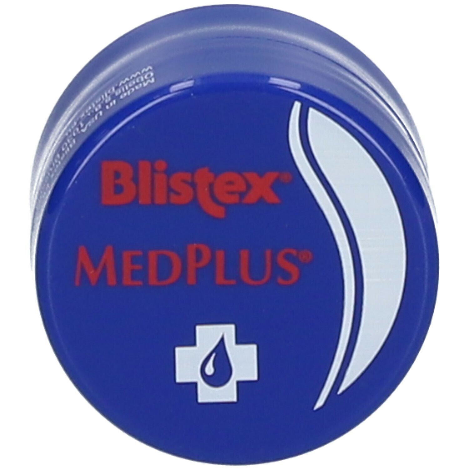 Couvercle bleu avec "Blistex MEDPLUS" en rouge et logo. Vue de dessus.