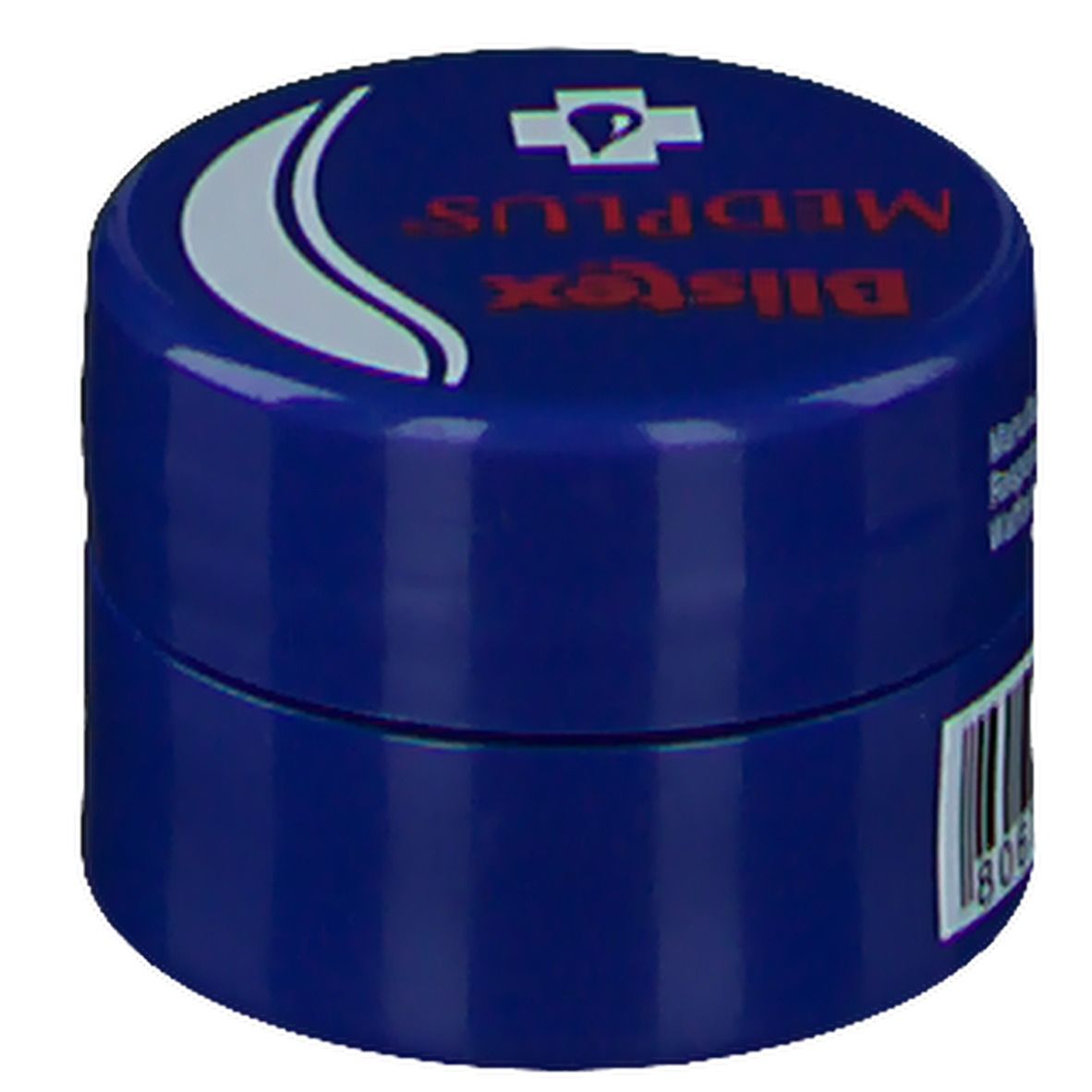 Pot bleu avec couvercle. "Blistex MEDPLUS" et logo sur le couvercle.