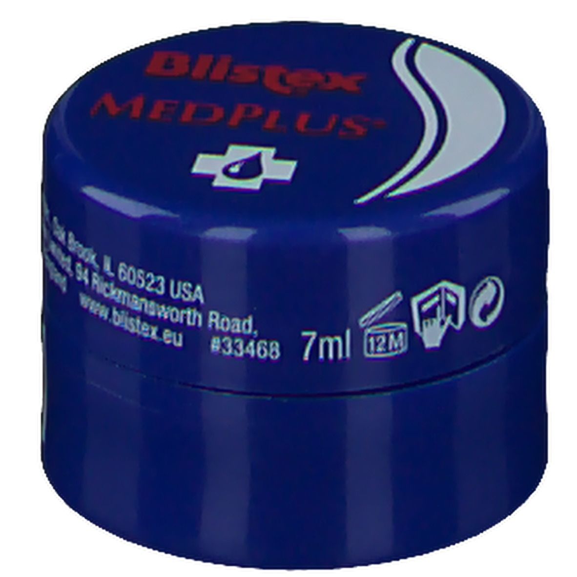 Pot bleu avec couvercle. "Blistex MEDPLUS" et logo. 7ml. Symboles.