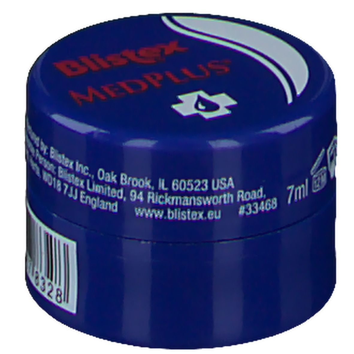 Pot bleu avec couvercle. "Blistex MEDPLUS" et logo. 7ml. Code-barres.