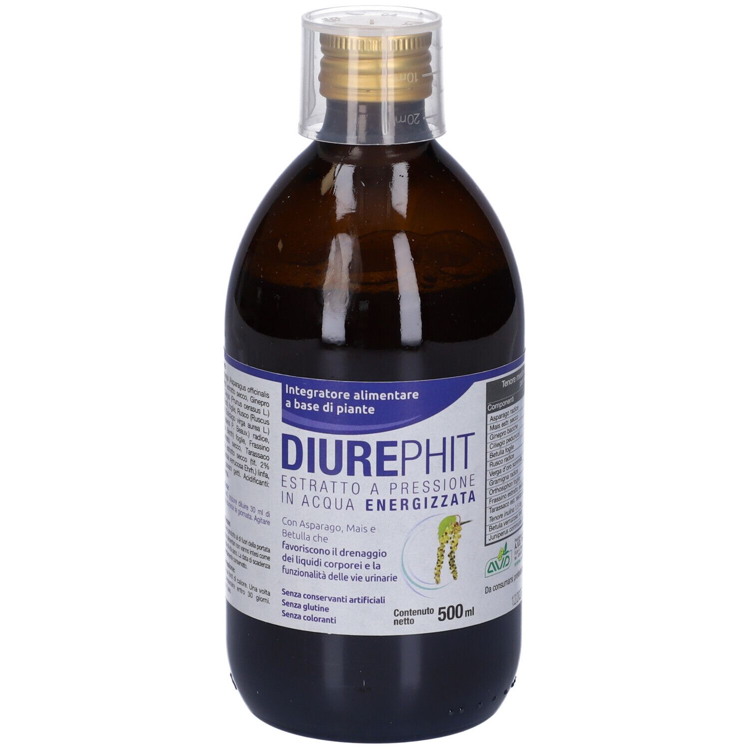 Bottiglia di vetro marrone con liquido. Stampa: Diurephit, 500 ml. Con tappo a vite.