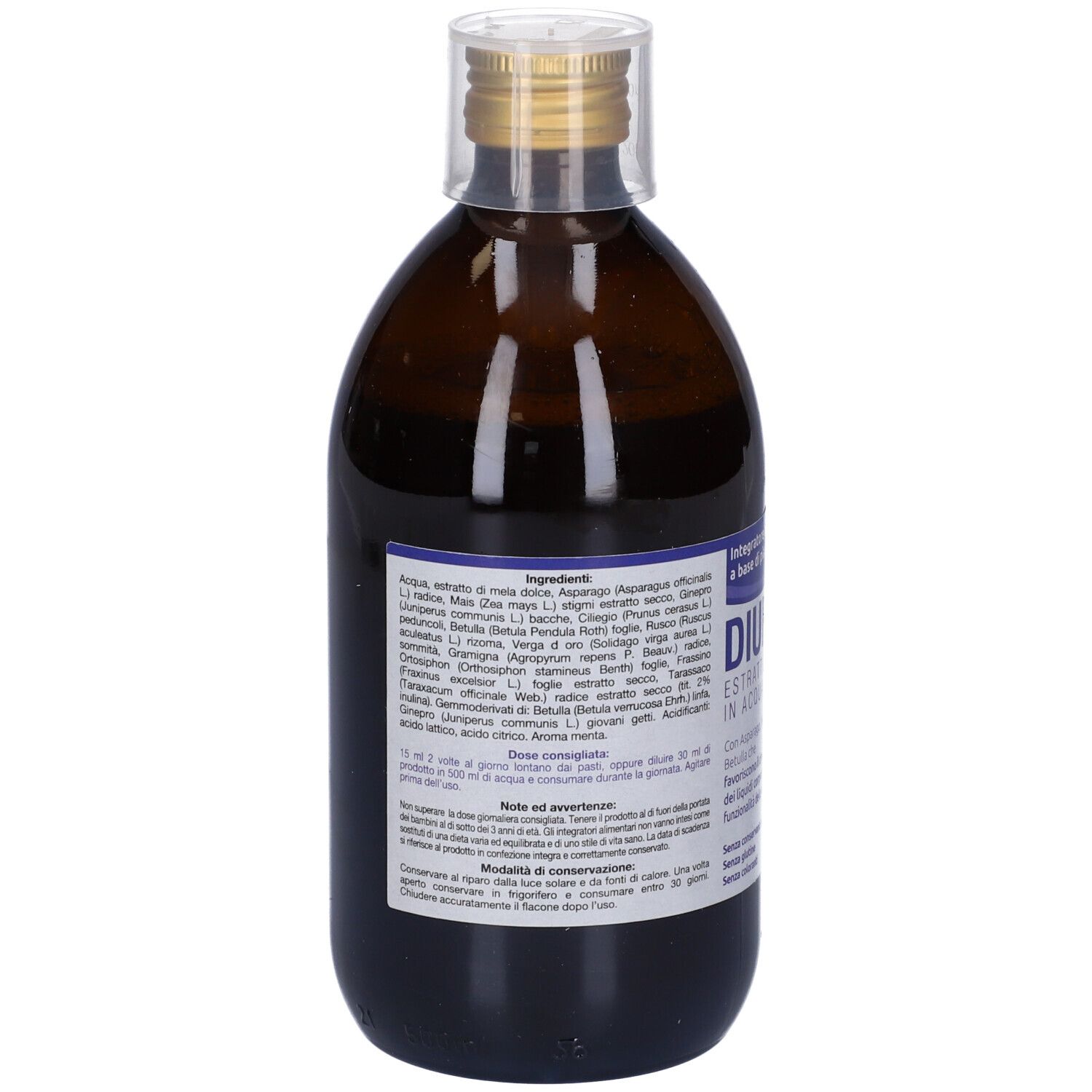 Bottiglia di vetro marrone con liquido. Stampa: Diurephit, ingredienti, 500 ml. Con tappo a vite.