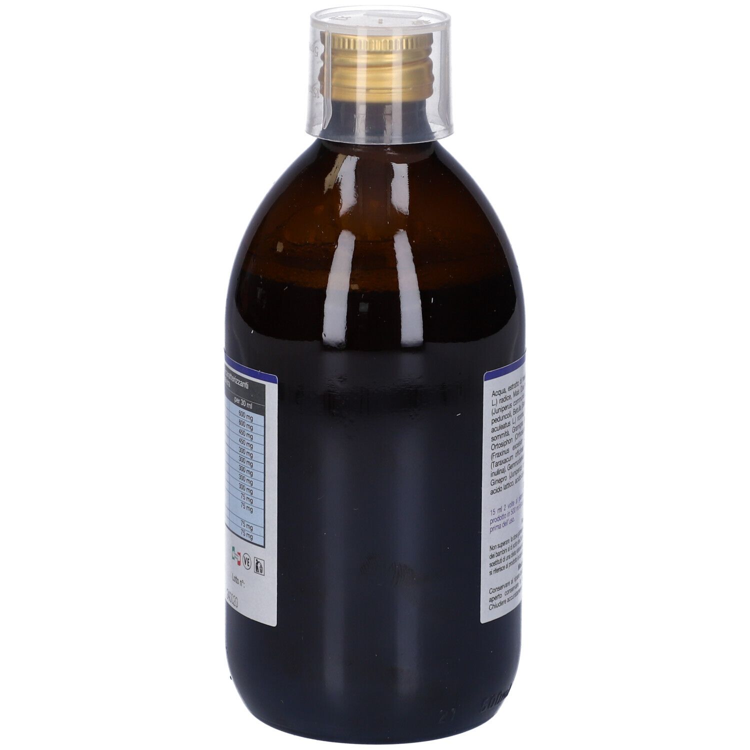 Bottiglia di vetro marrone con liquido. Stampa: Diurephit, informazioni nutrizionali, 500 ml. Con tappo a vite.