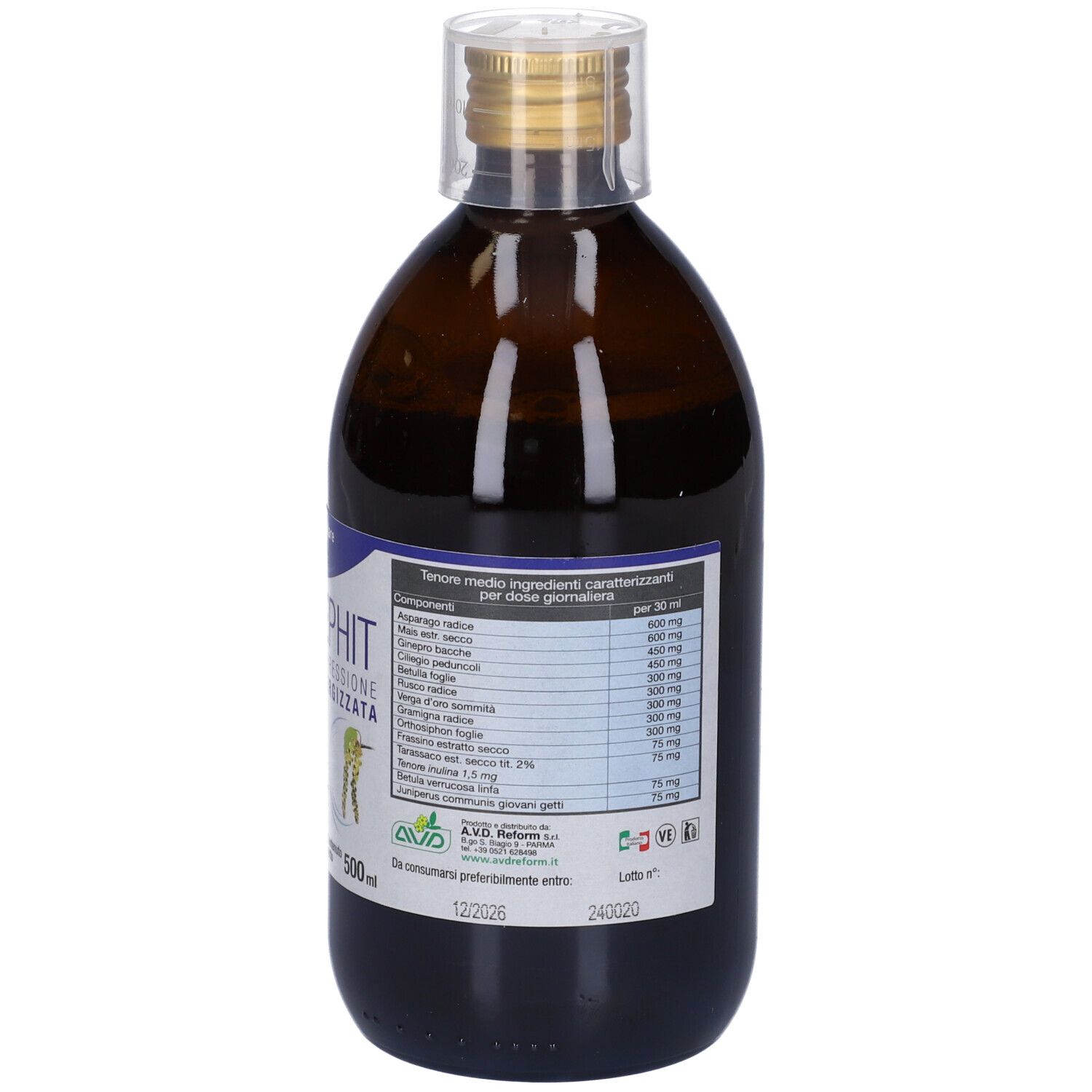 Bottiglia di vetro marrone con liquido. Stampa: Diurephit, ingredienti, 500 ml. Con tappo a vite.
