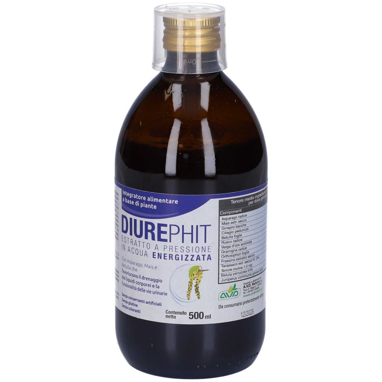 Bottiglia di vetro marrone con liquido. Stampa: Diurephit, 500 ml. Con tappo a vite.