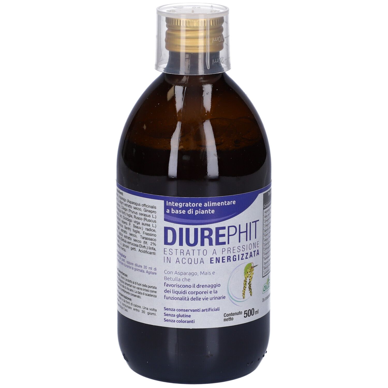 Bottiglia di vetro marrone con liquido. Stampa: Diurephit, 500 ml. Con tappo a vite.