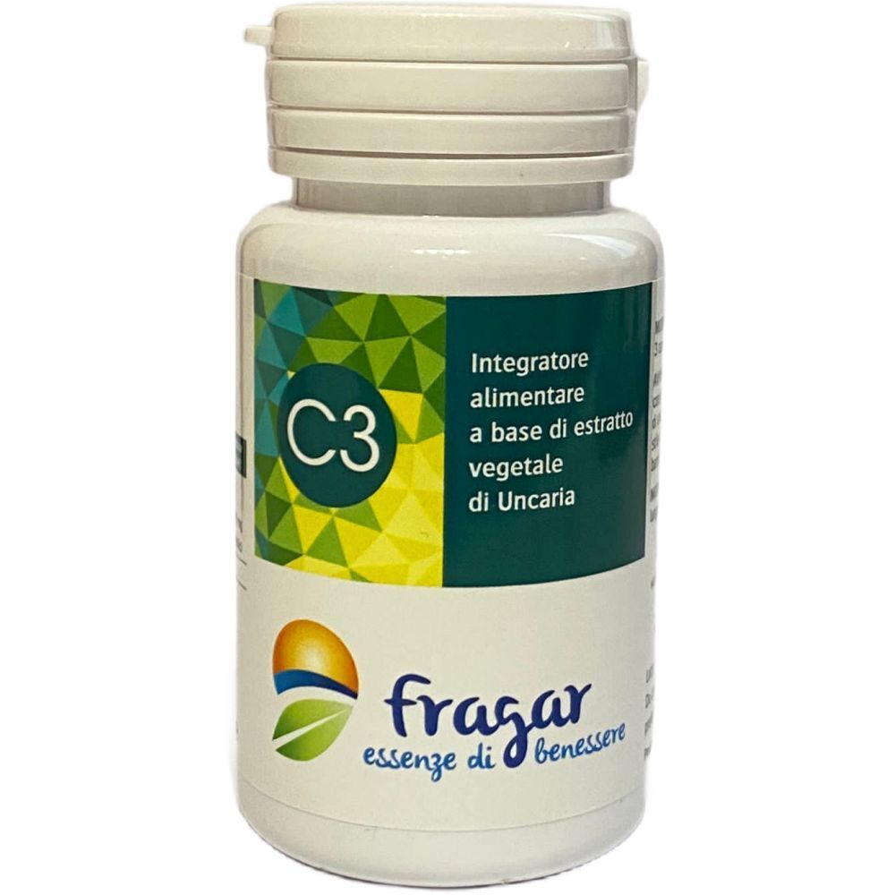 Flacone bianco con etichetta verde. Scritta C3 e "Integratore alimentare". Marchio: fragar essenze di benessere.