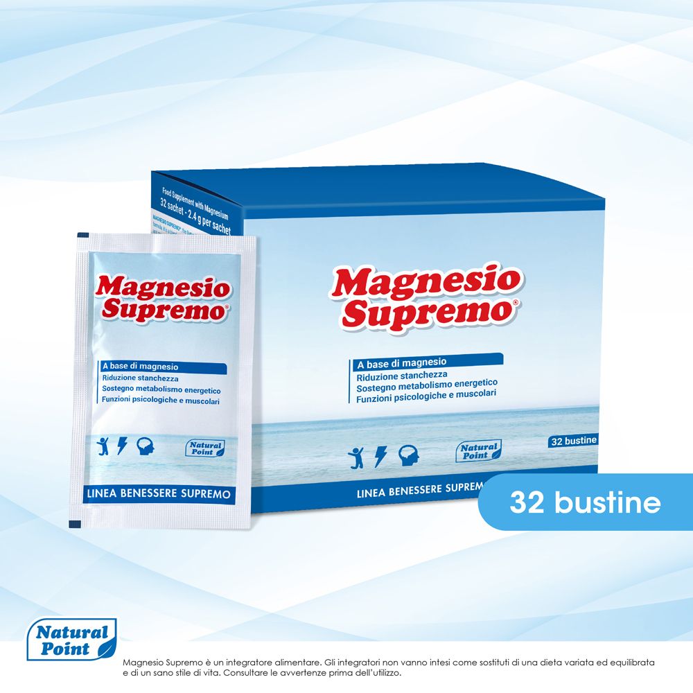 Produkt Magnesio Supremo und ein Beutel. Aufschrift: Magnesio Supremo. Text: A base di magnesio. 32 bustine.