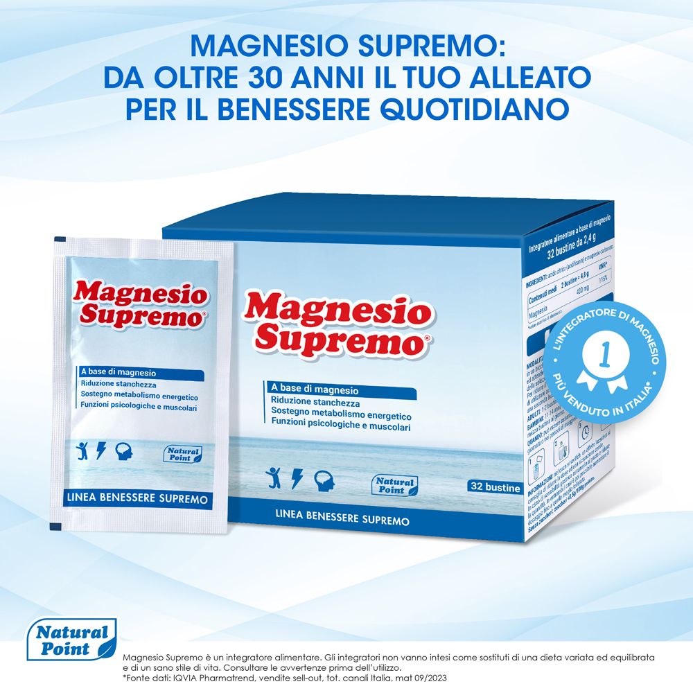 Produkt Magnesio Supremo und ein Beutel. Aufschrift: Magnesio Supremo. Text: A base di magnesio. 32 bustine. Auszeichnung.