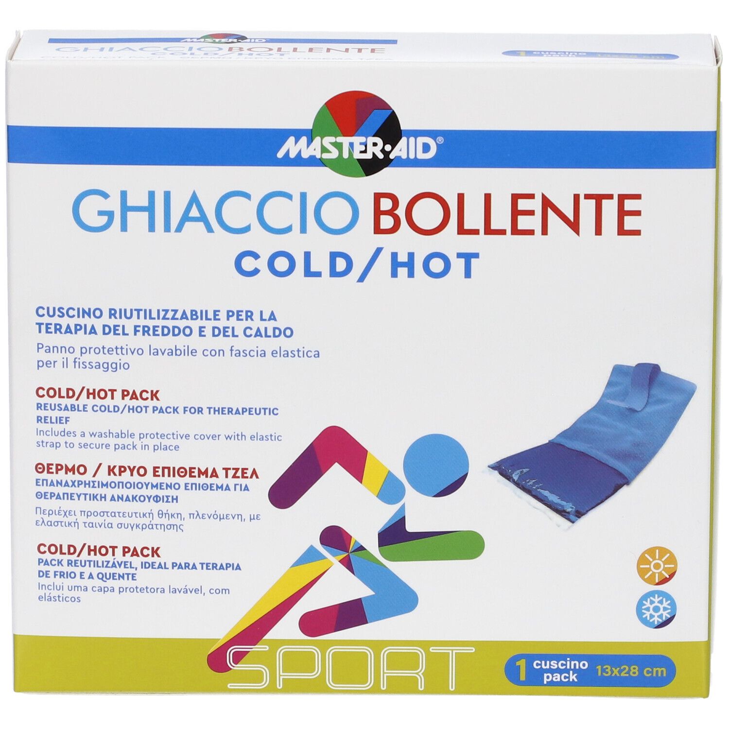 Master-Aid Cold/Hot Pack 13x28cm mit waschbarem Bezug und Gurt.