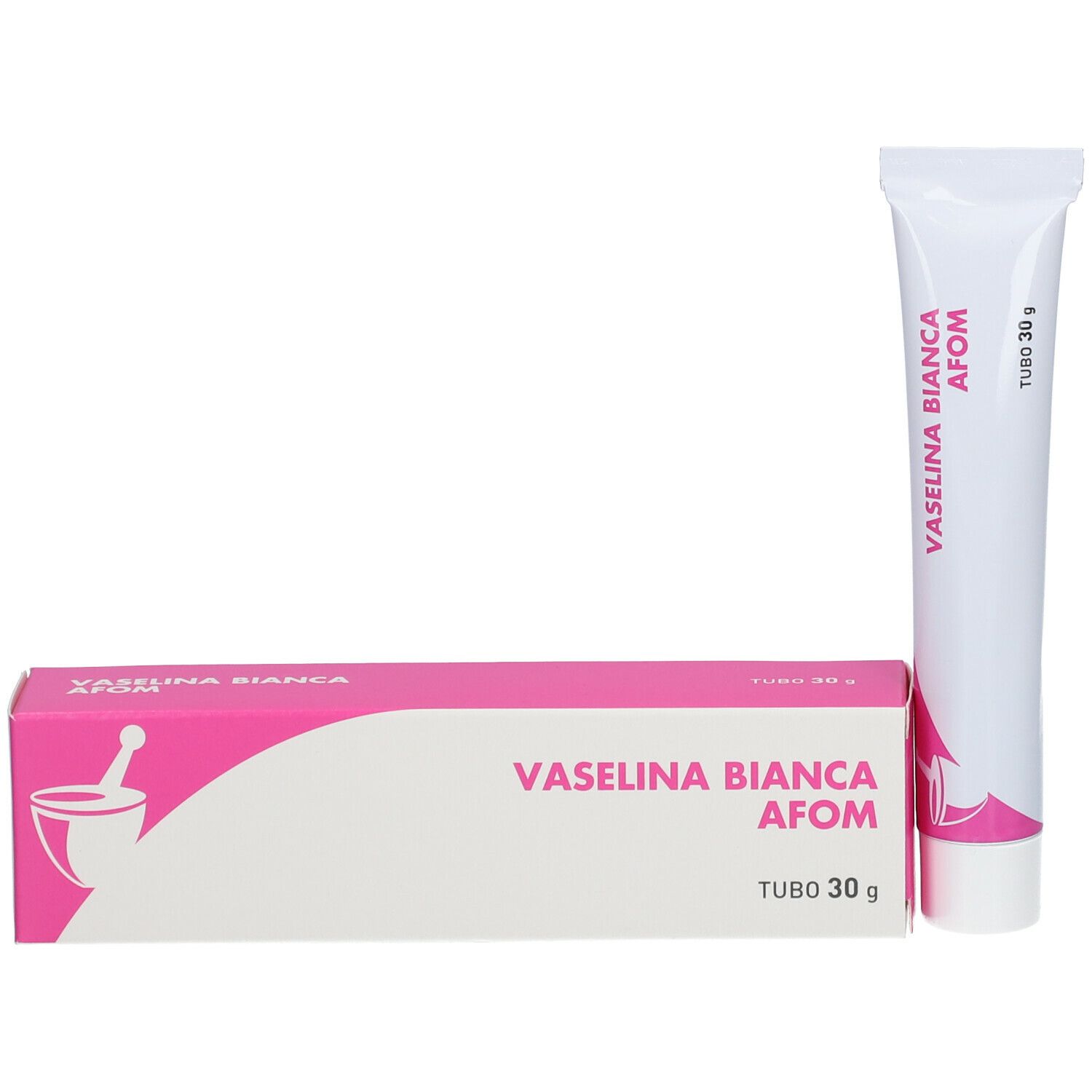 Confezione e tubo. Scatola rosa con scritta bianca Vaselina Bianca AFOM, Tubo 30 g. Tubo accanto.