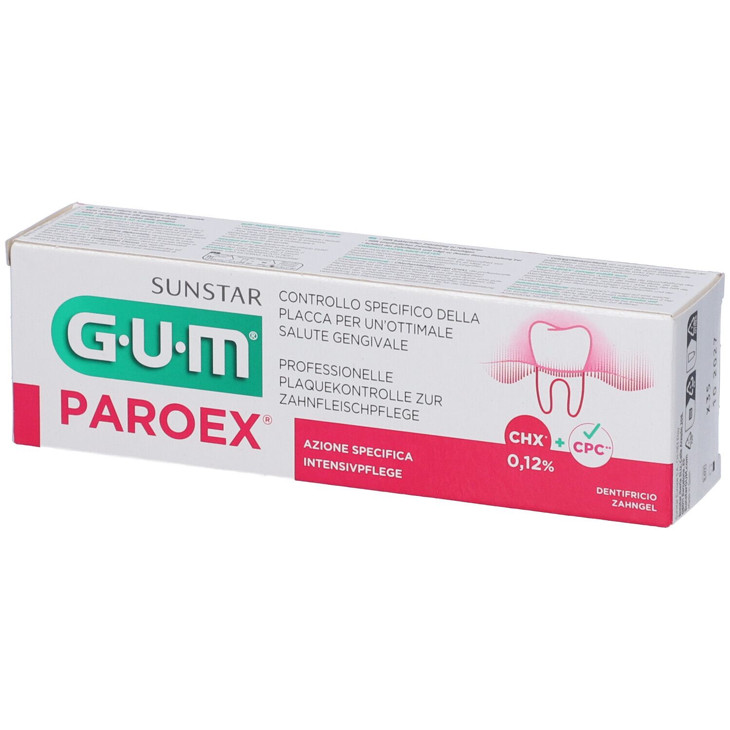 Confezione dentifricio G.U.M. PAROEX. Contiene 0,12% CHX + CPC. Controllo professionale della placca.