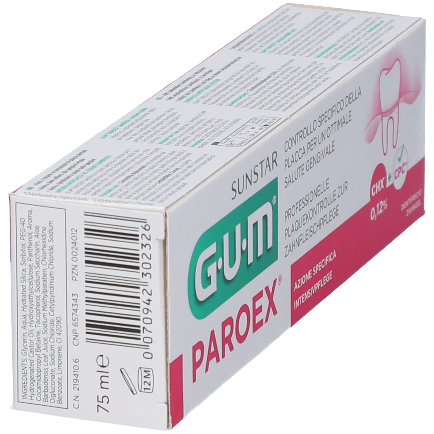 Confezione dentifricio G.U.M. PAROEX. Contiene 75 ml. Codice a barre e ingredienti. 0,12% CHX + CPC.