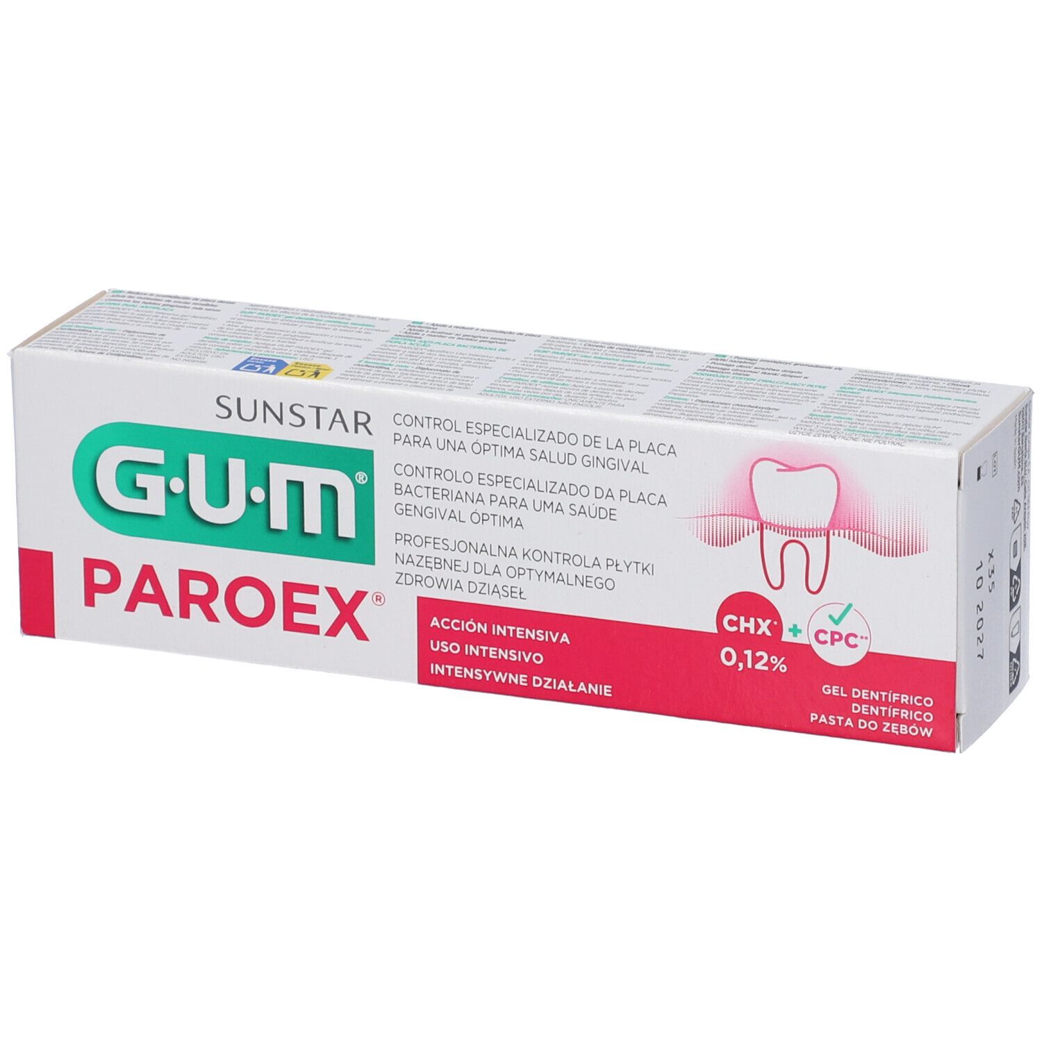 Confezione dentifricio G.U.M. PAROEX. Contiene 0,12% CHX + CPC. Controllo professionale placca. Azione intensiva.