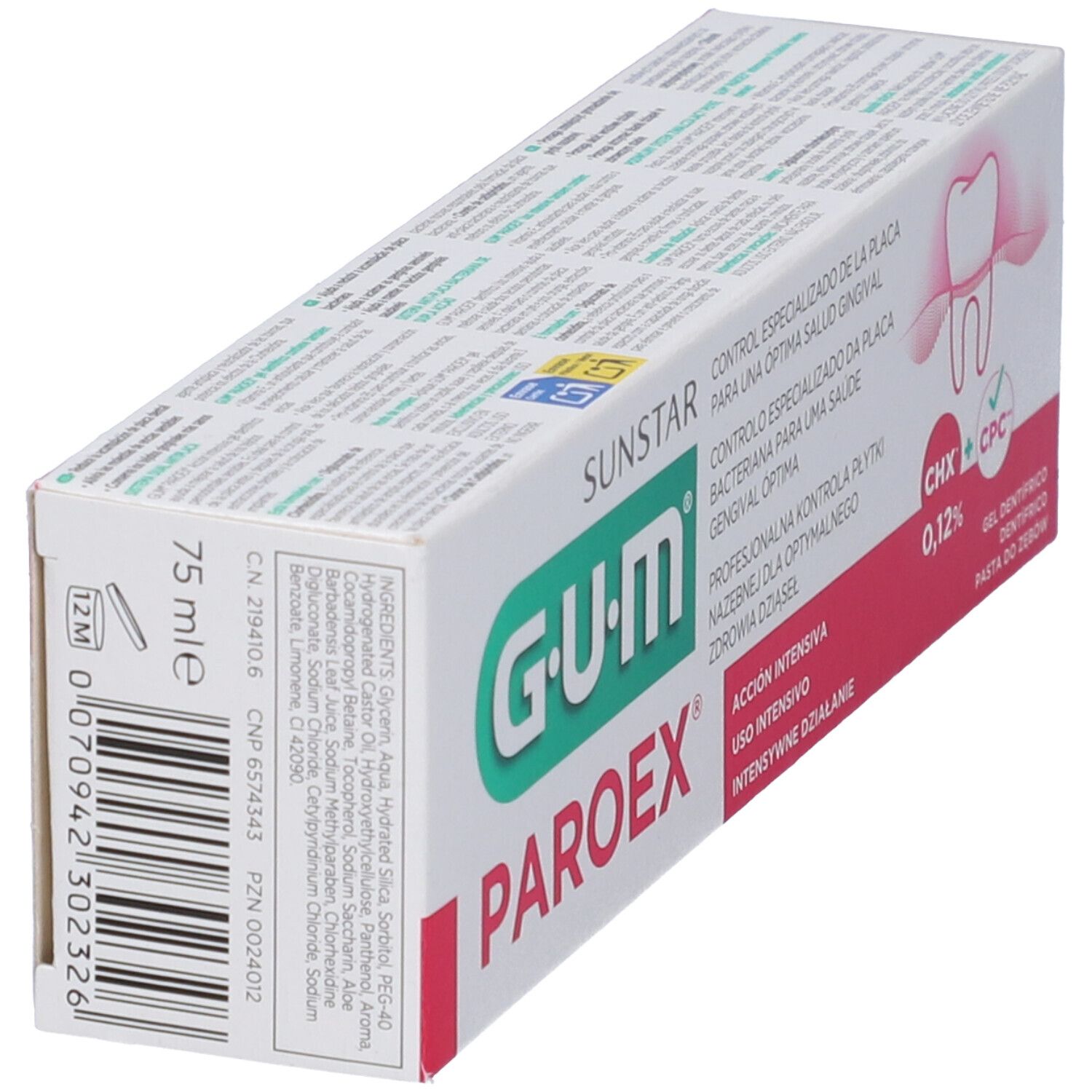 Confezione dentifricio G.U.M. PAROEX. Contiene 75 ml. Ingredienti e codice a barre. 0,12% CHX + CPC.