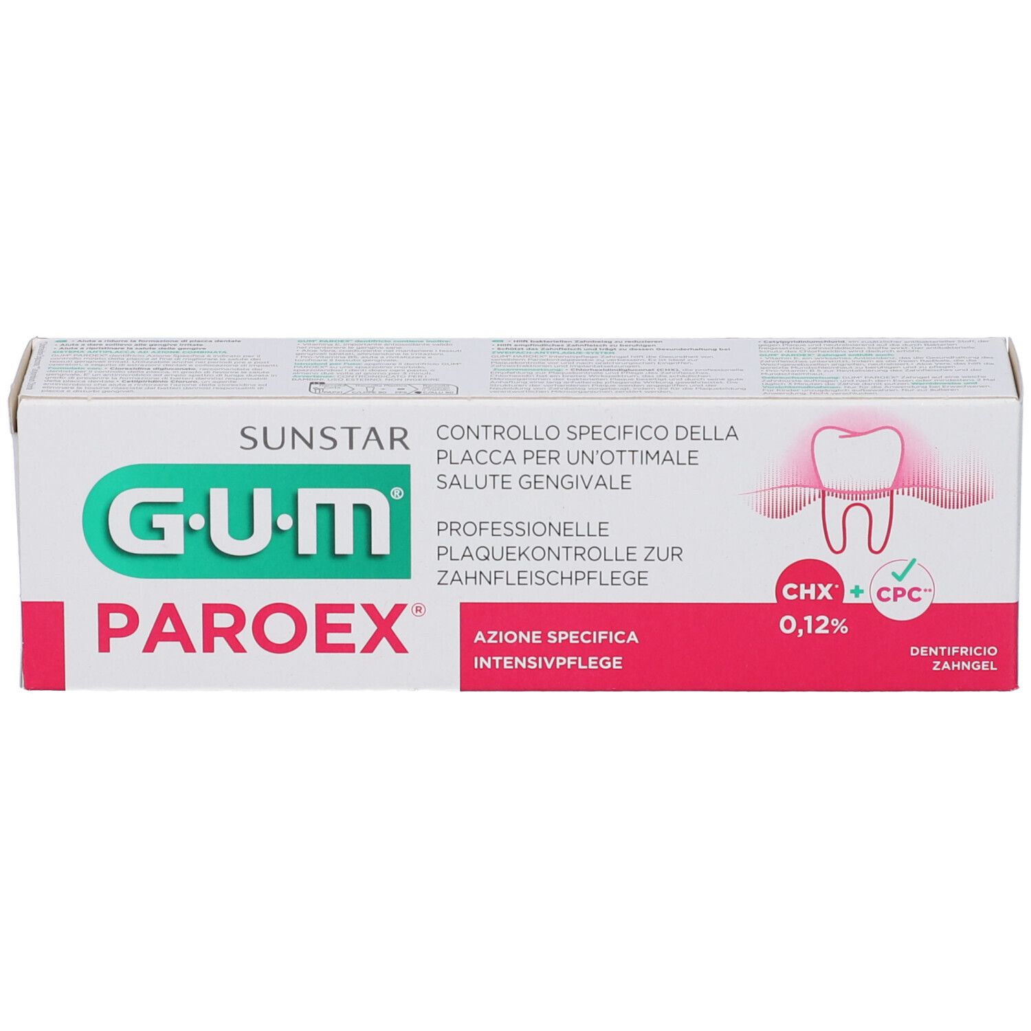 Confezione dentifricio G.U.M. PAROEX. 0,12% CHX + CPC. Controllo professionale placca. Azione intensiva.