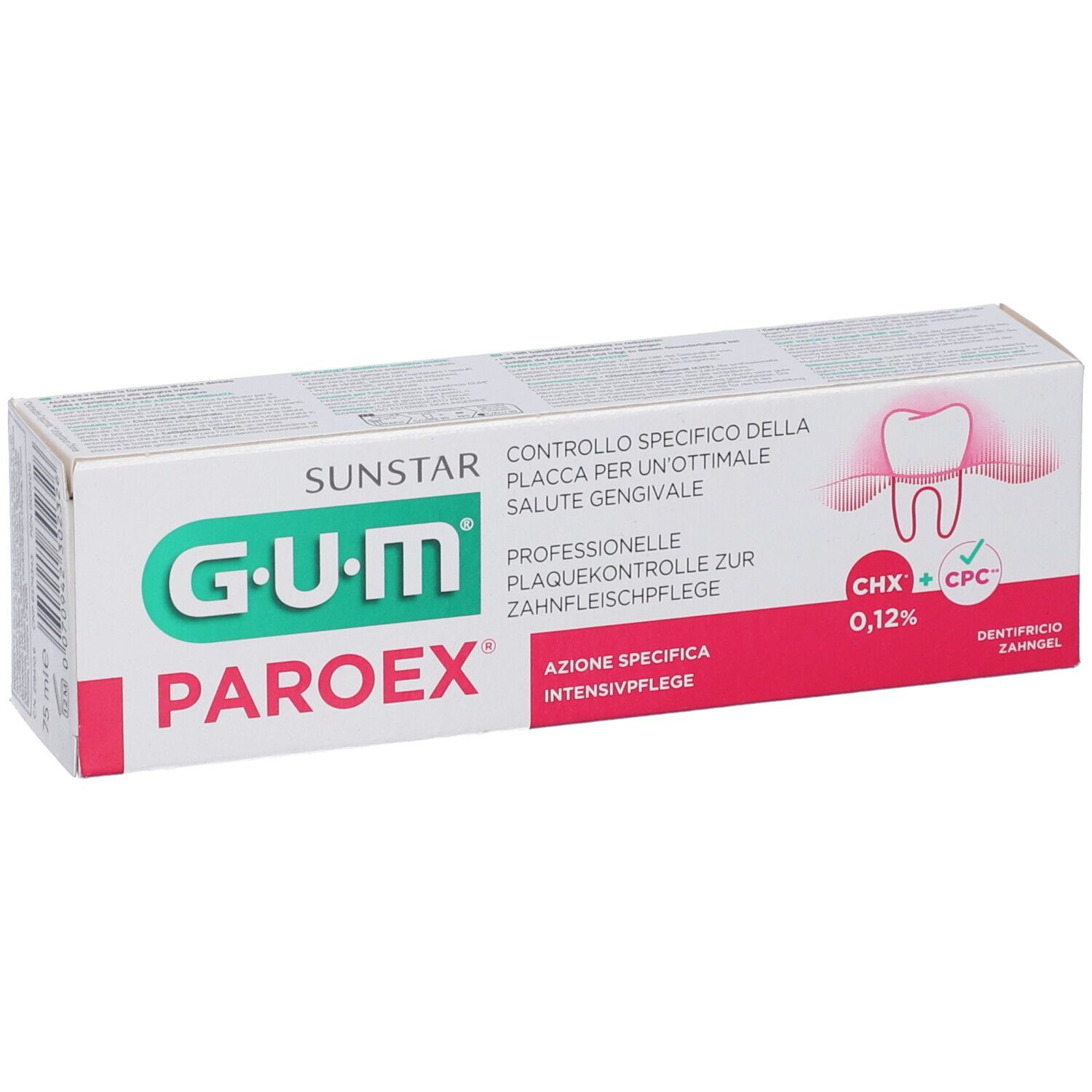 Confezione dentifricio G.U.M. PAROEX. 0,12% CHX + CPC. Controllo professionale placca. Azione intensiva.