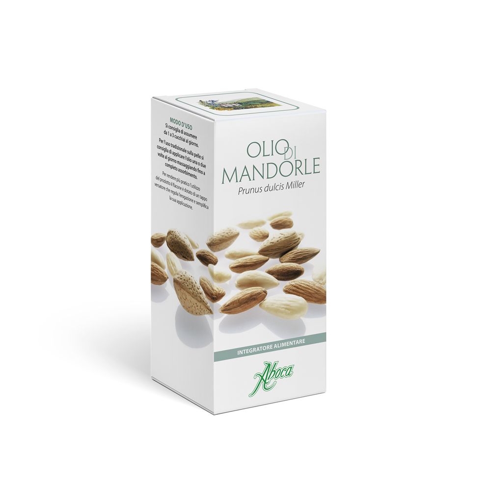 Scatola bianca con "Olio di Mandorle". Illustrazione di mandorle. Marchio: Aboca.