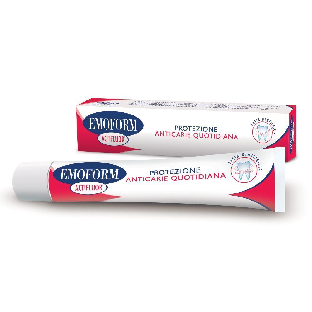 Tube et boîte de dentifrice. Inscription : EMOFORM Actifluor, Protezione Anticarië Quotidiana.