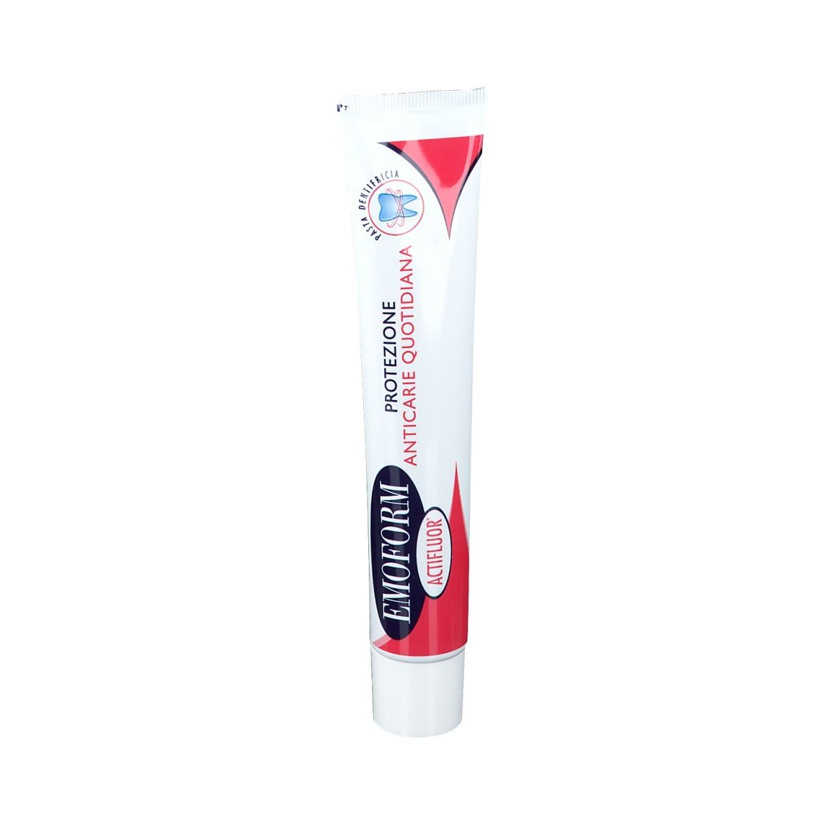 Tube de dentifrice. Inscription : EMOFORM Actifluor, Protezione Anticarië Quotidiana.