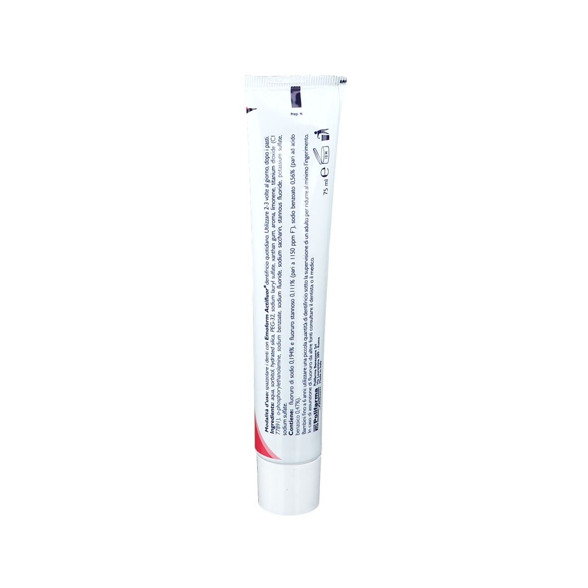 Dos du tube de dentifrice. Informations textuelles et code-barres.