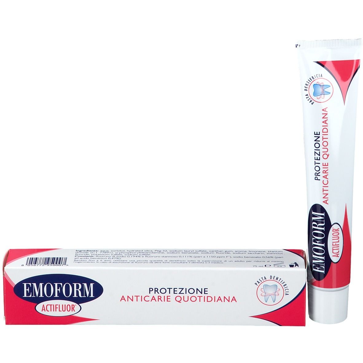 Tube et boîte de dentifrice. Inscription : EMOFORM Actifluor, Protezione Anticarië Quotidiana.
