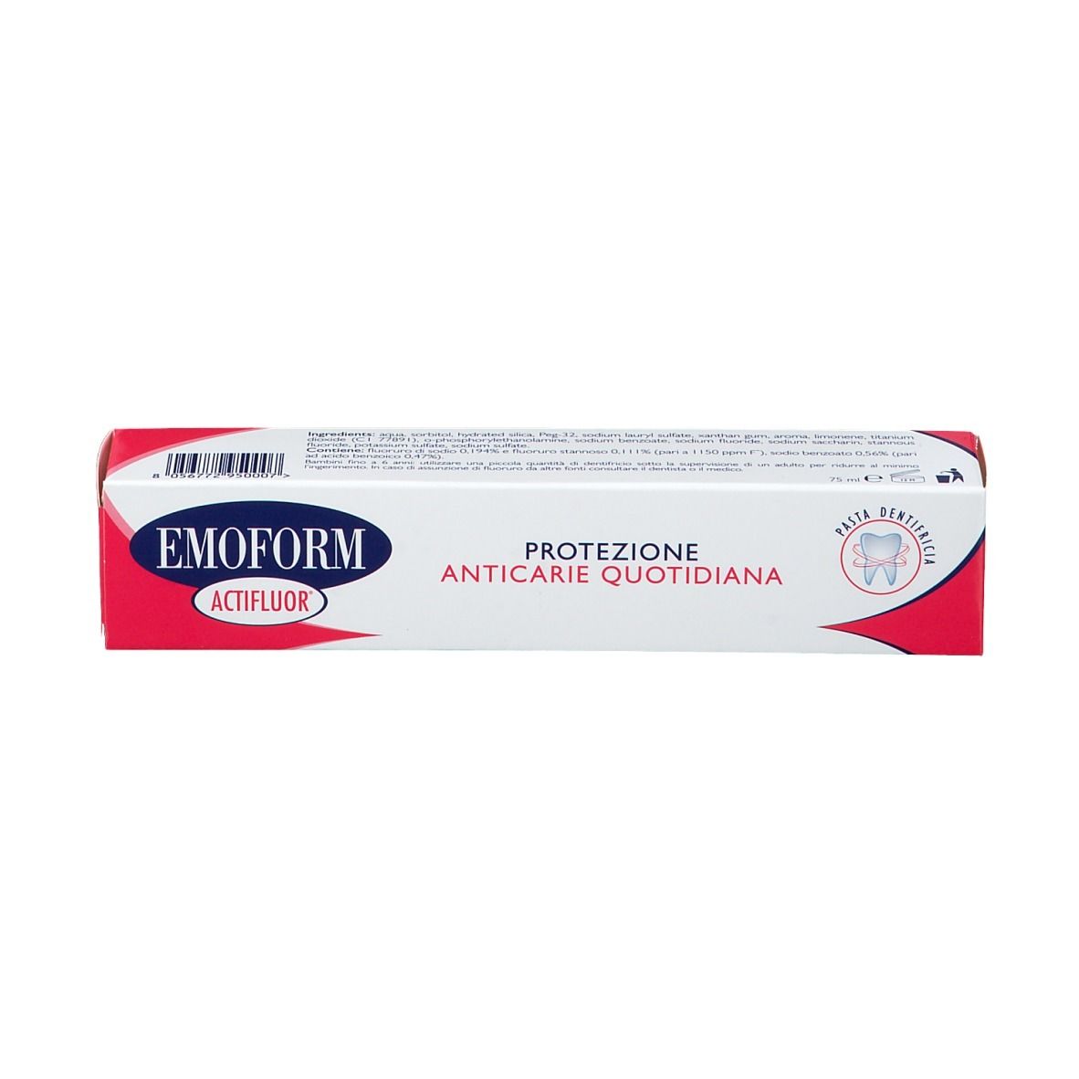 Boîte. Inscription : EMOFORM Actifluor, Protezione Anticarië Quotidiana.