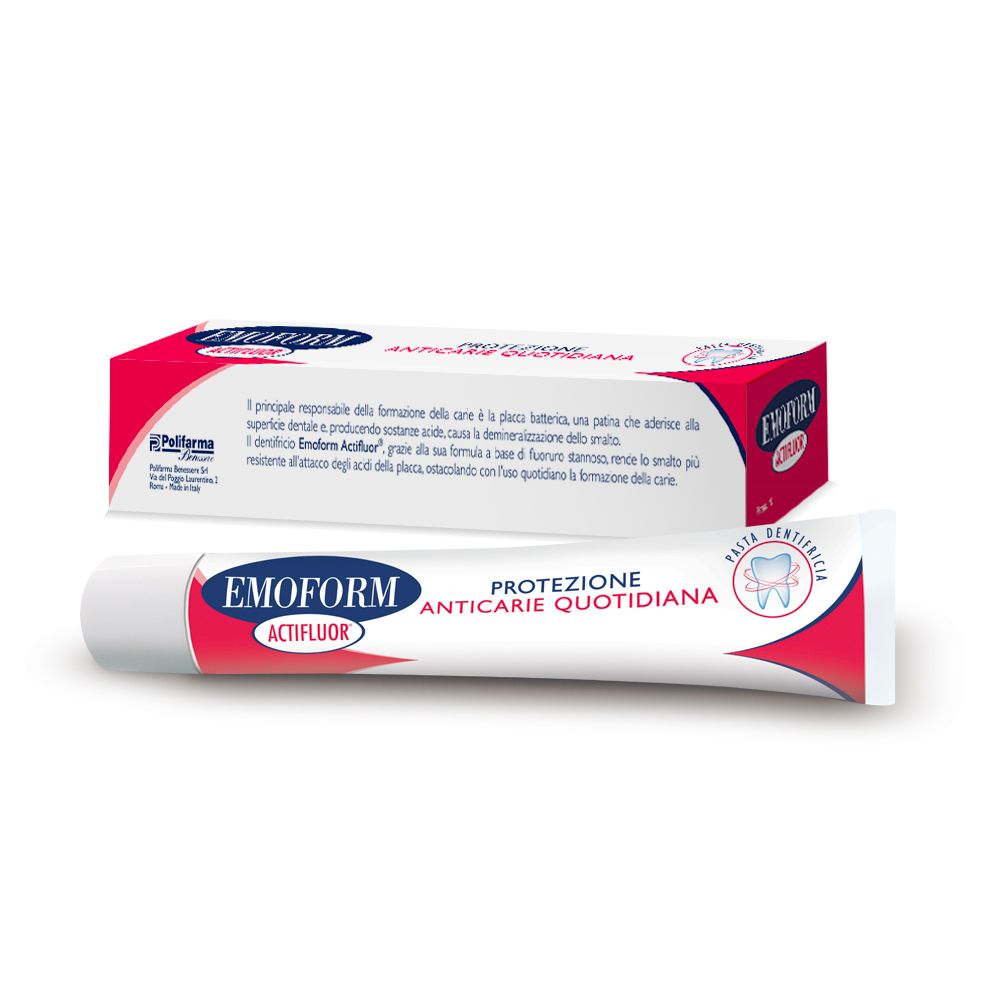 Tube et boîte de dentifrice. Inscription : EMOFORM Actifluor, Protezione Anticarië Quotidiana.