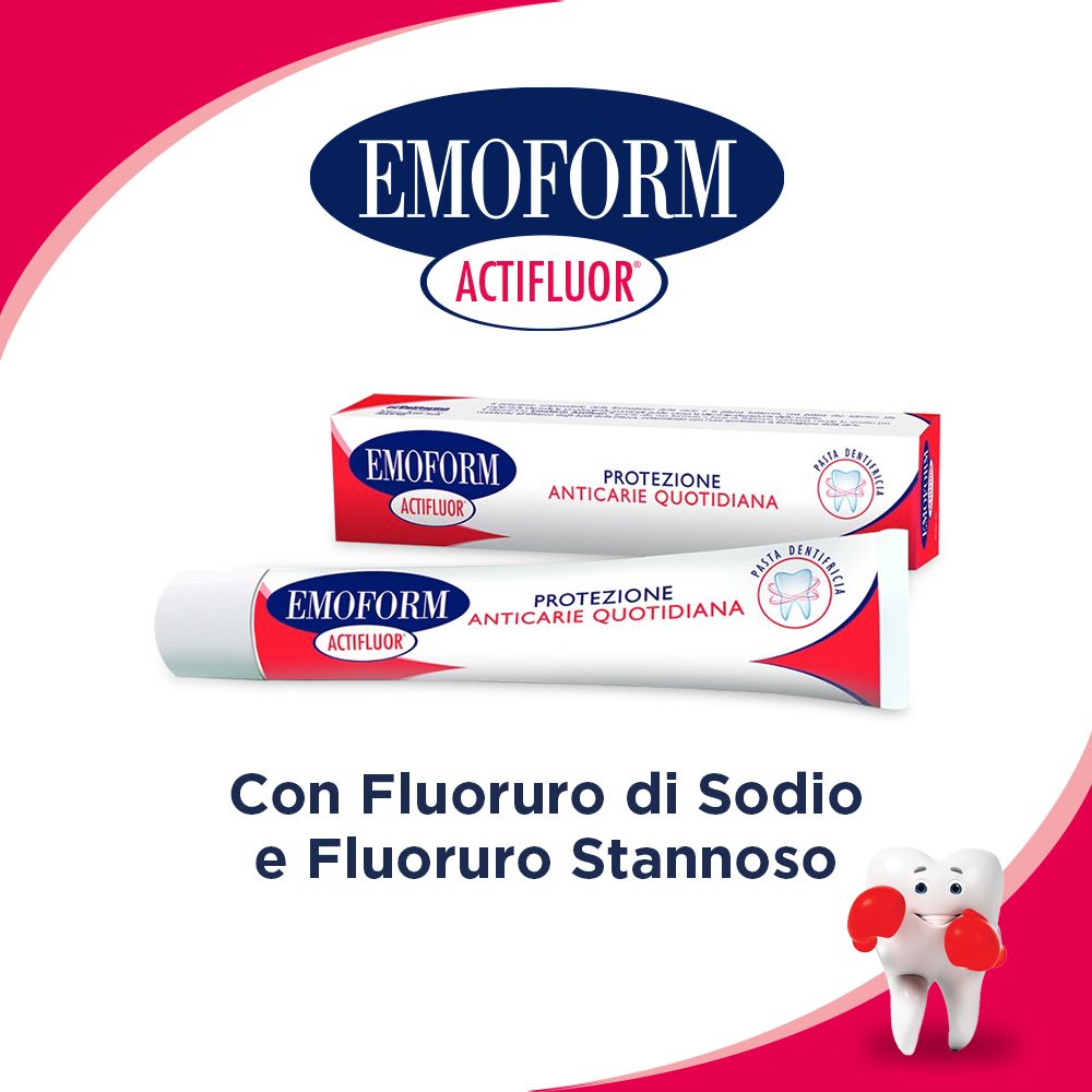 Tube et boîte de dentifrice. Inscription : EMOFORM Actifluor, Protezione Anticarië Quotidiana. Avec fluorure.