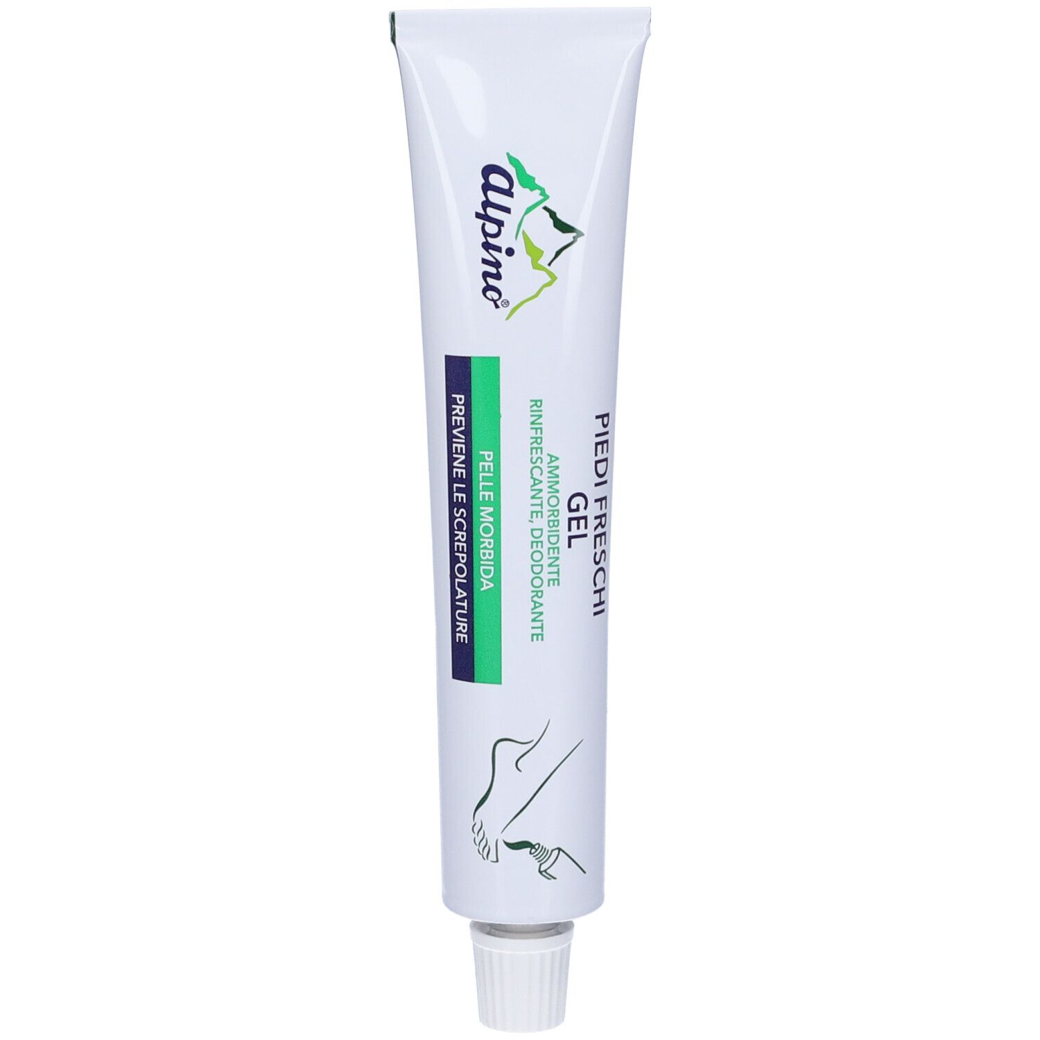 Tubo bianco e verde con nome e testo del prodotto. Illustrazione del piede. Testo gel.