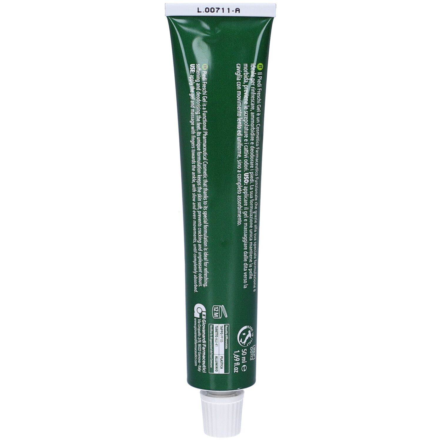 Tubo verde con testo. Informazioni sul prodotto e ingredienti. Tappo bianco.