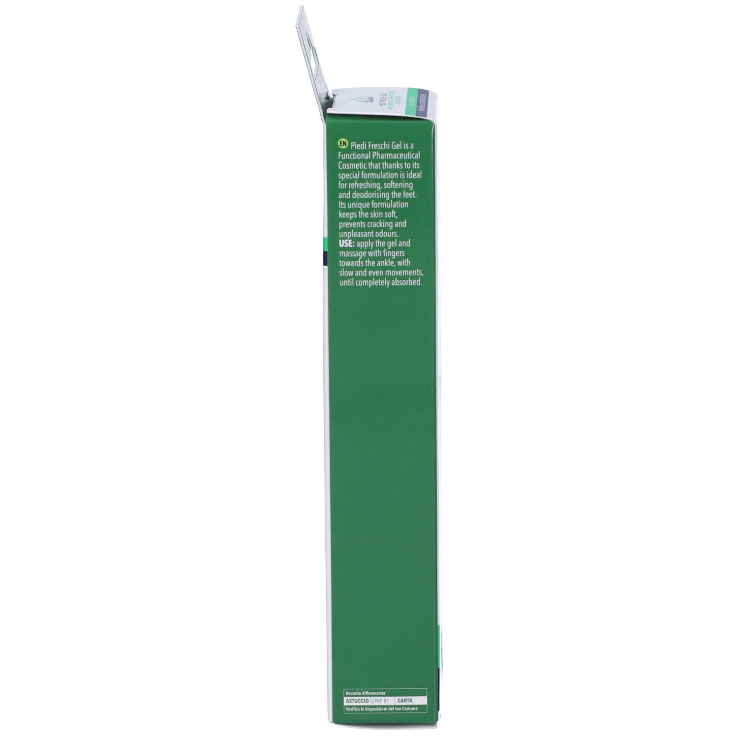 Confezione verde con testo. Informazioni sul prodotto. Design a sospensione.