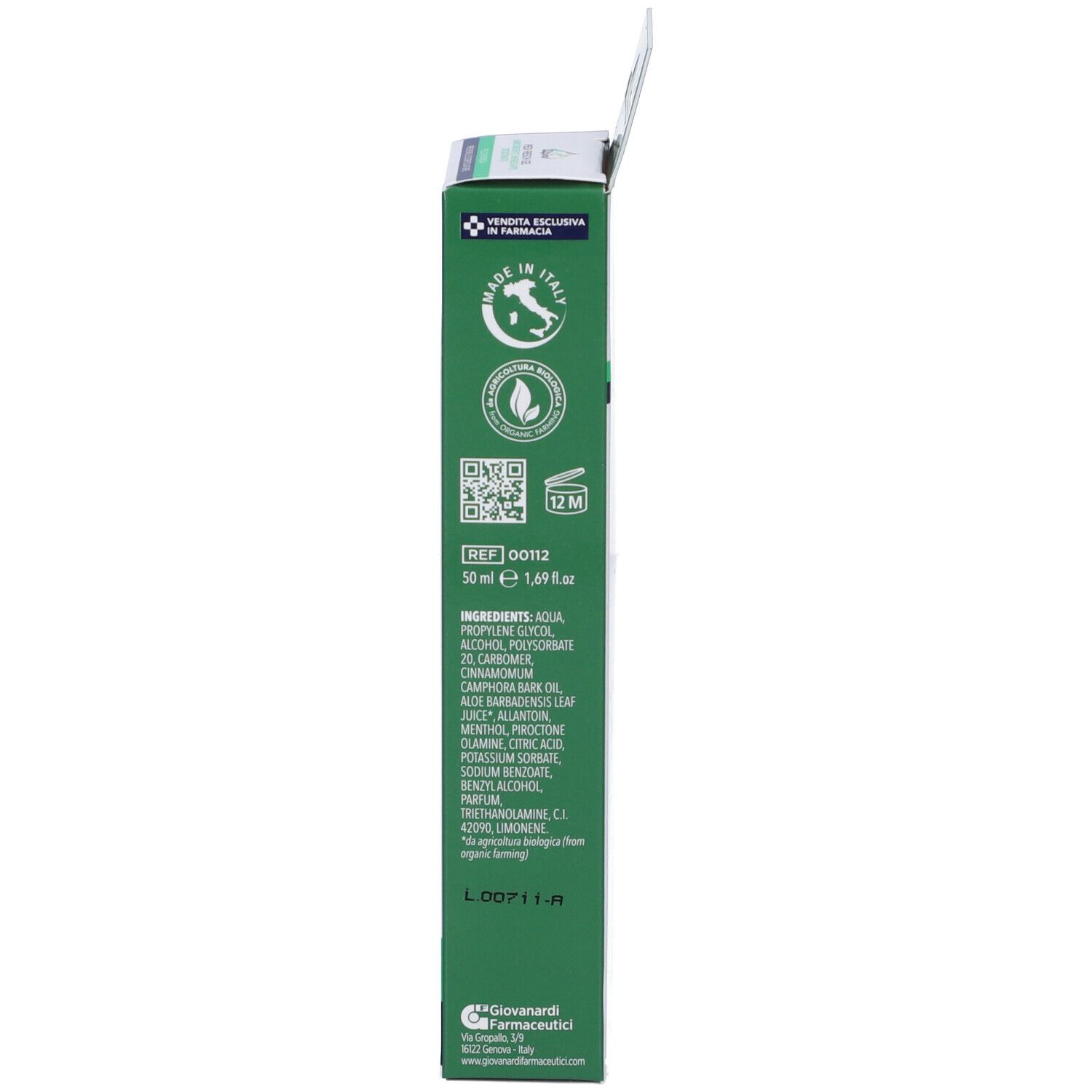 Confezione verde con testo. Informazioni sul prodotto e ingredienti. Design a sospensione.