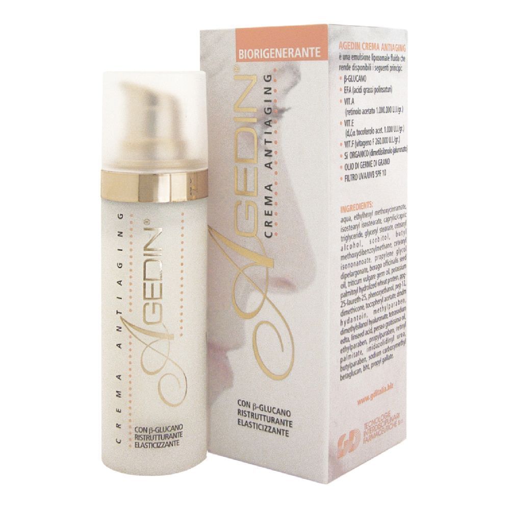 Flacone e confezione di crema. Scritta: Agedin, Crema Antiaging. Con β-glucano, ristrutturante, elasticità.