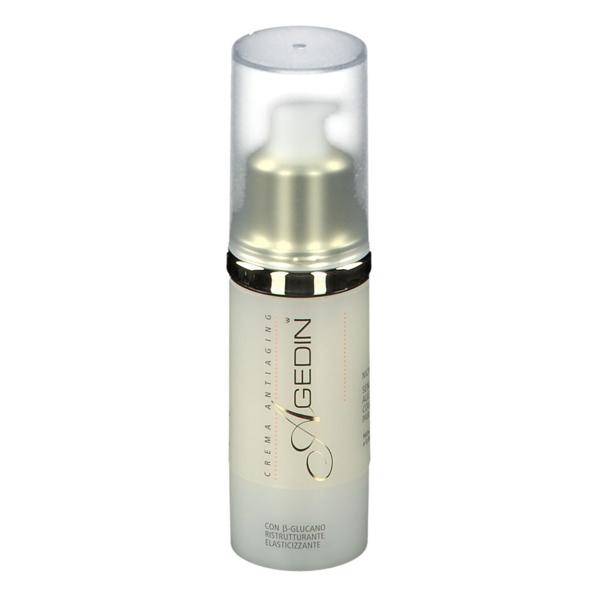 Flacone di crema con dosatore e tappo trasparente. Scritta: Agedin, Crema Antiaging. Con β-glucano.