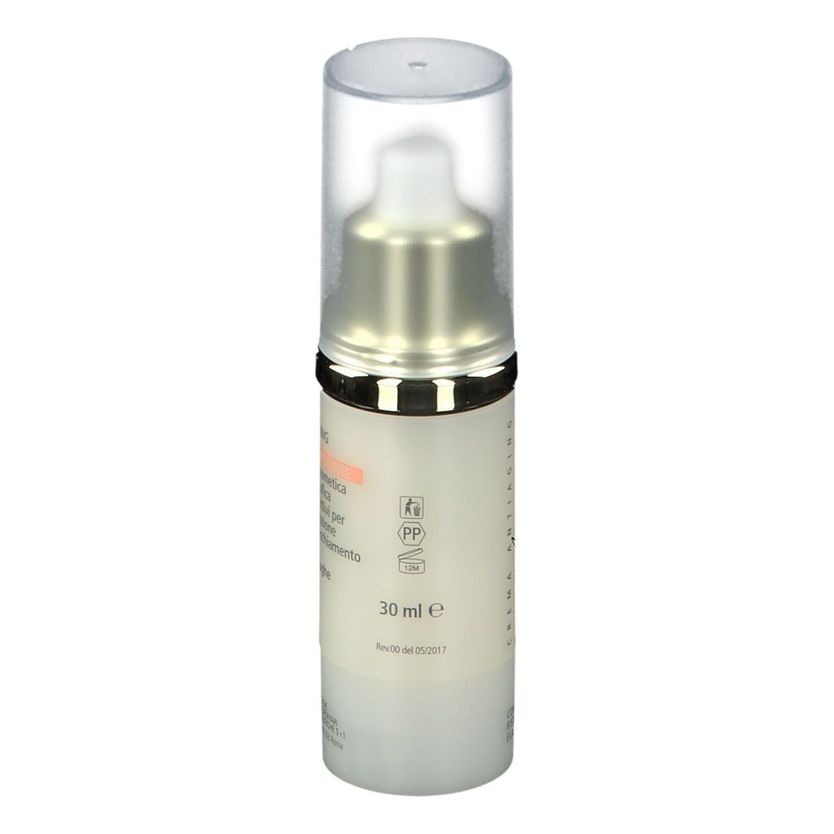 Flacone di crema con dosatore e tappo trasparente. Scritta: Agedin, Crema Antiaging. 30 ml e.