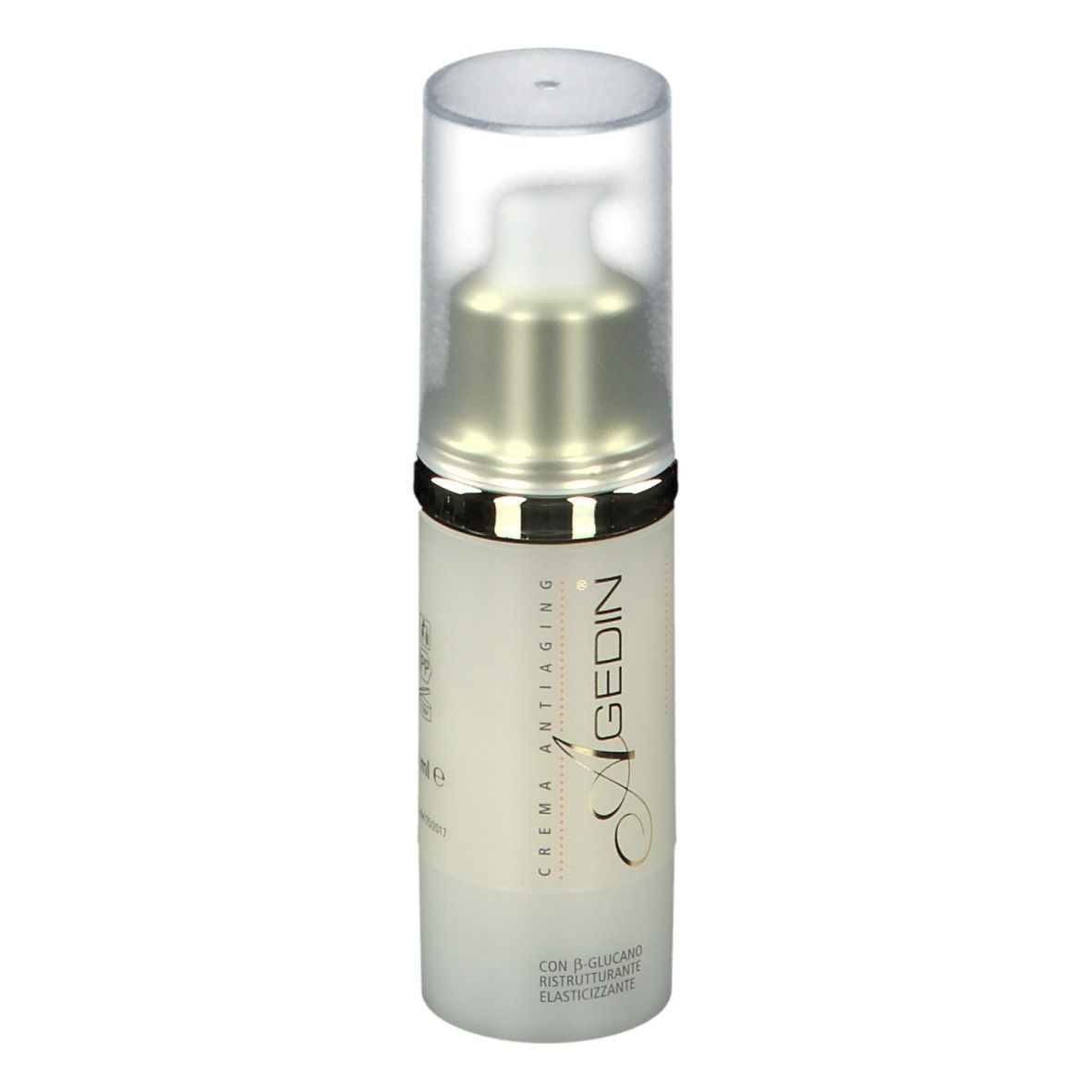 Flacone di crema con dosatore e tappo trasparente. Scritta: Agedin, Crema Antiaging. Con β-glucano.