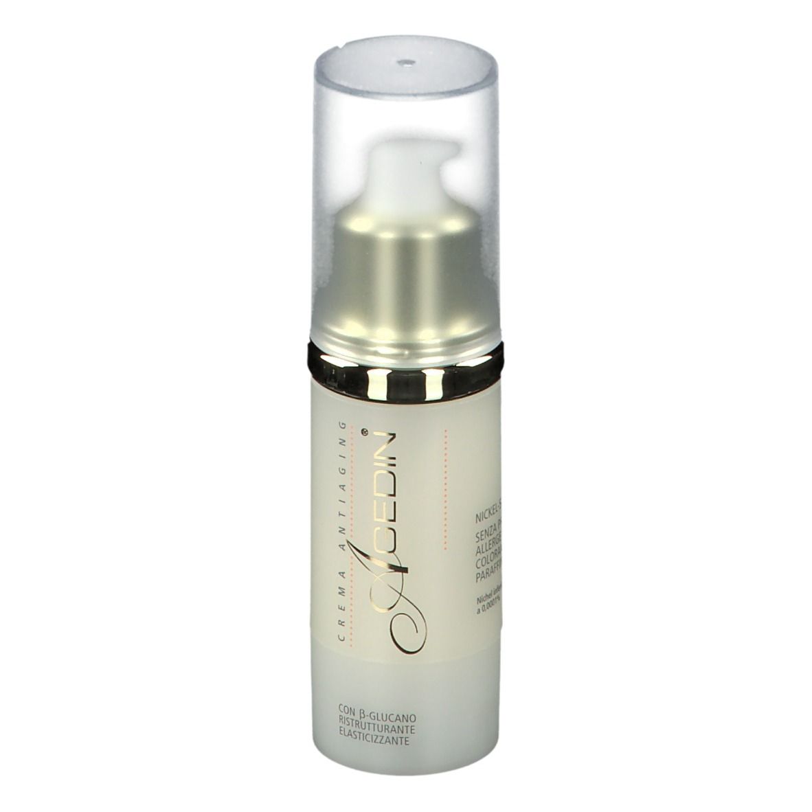 Flacone di crema con dosatore e tappo trasparente. Scritta: Agedin, Crema Antiaging. Nickel-Safe, senza profumo.