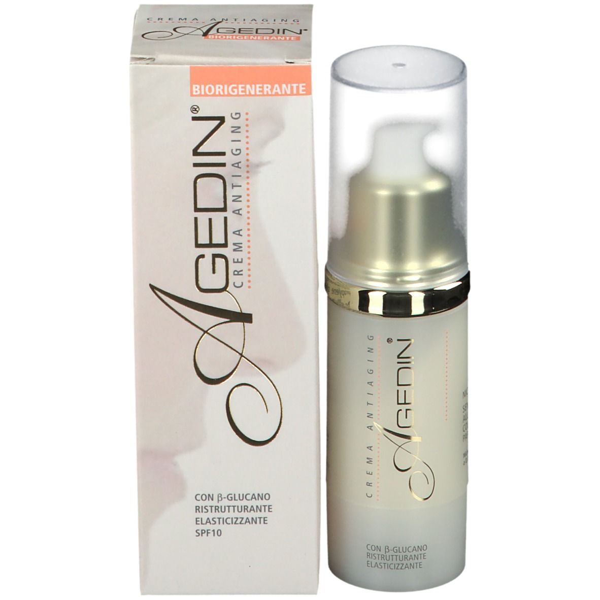 Flacone e confezione di crema. Scritta: Agedin, Crema Antiaging. Con β-glucano, SPF10.