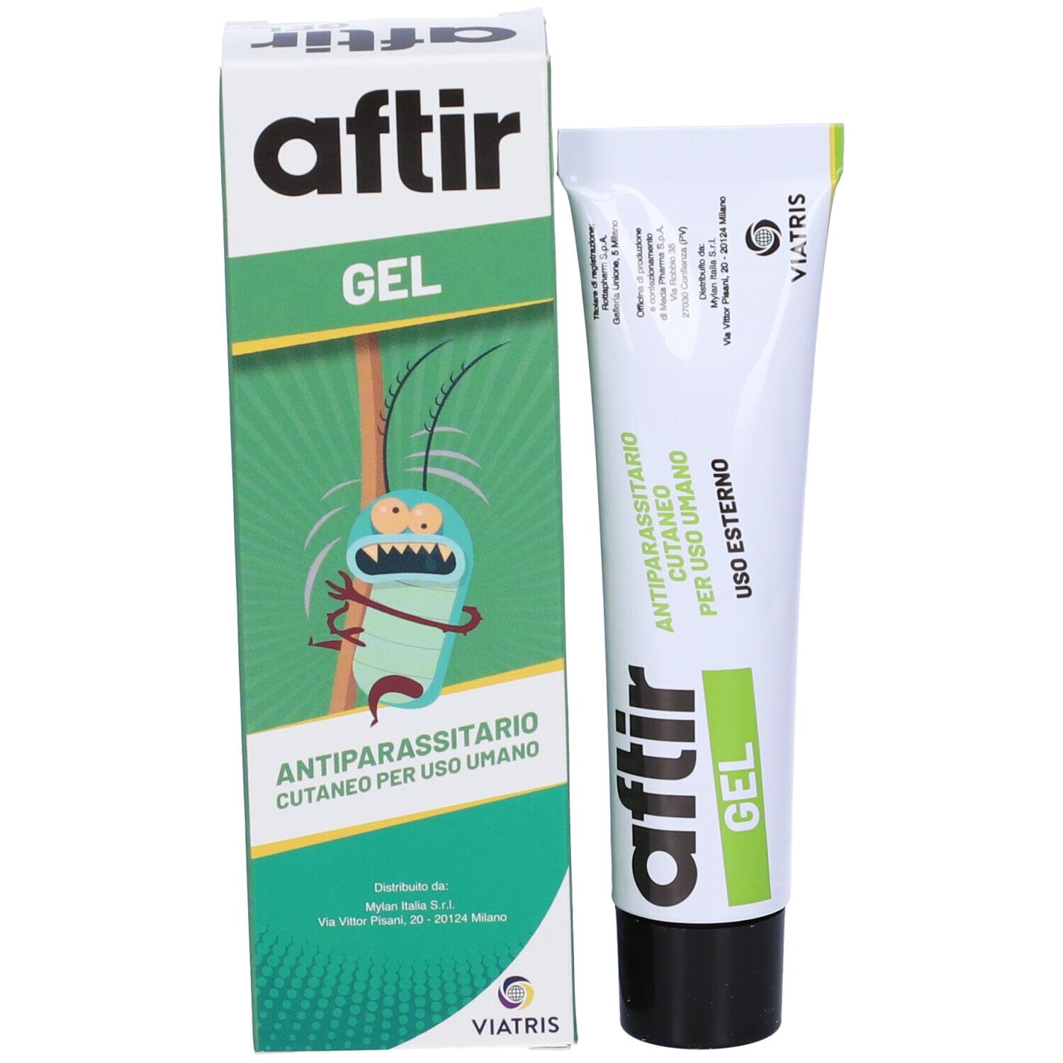 Produktverpackung und Tube. Verpackung: weiß, grün, mit Produktnamen und Illustration. Tube: weiß, grün, schwarzer Verschluss.