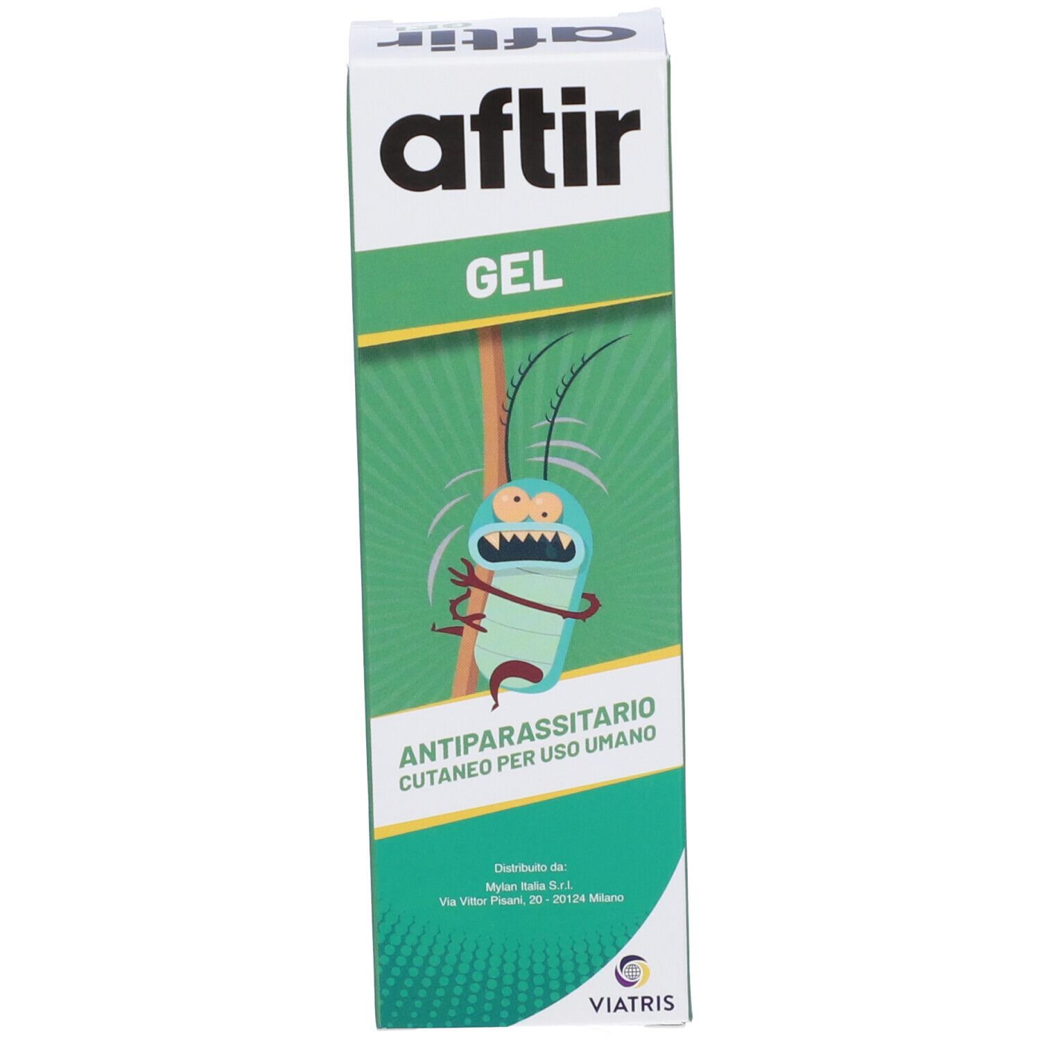 Produktverpackung, weiß und grün, mit Produktnamen und Illustration eines Insekts. Text: Anti-Parassitario Cutaneo.