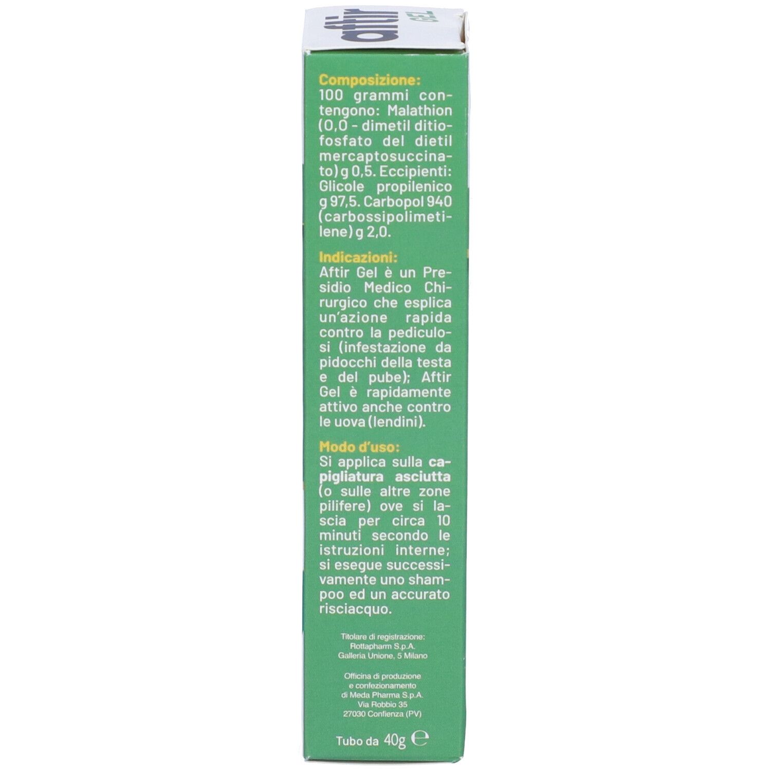 Rückseite der Produktverpackung. Grün mit Text. Text: Zusammensetzung, Indikationen, Anwendungshinweise. Tube da 40g.