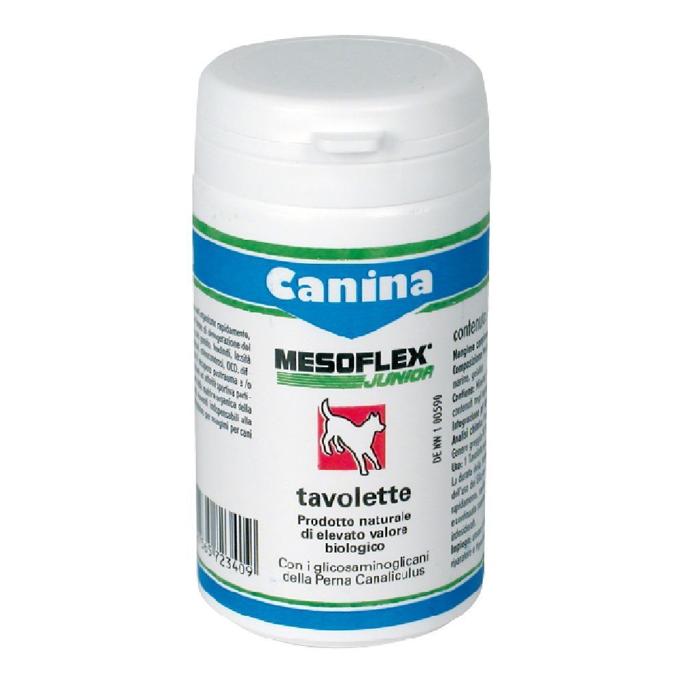 Contenitore bianco con fascia blu-verde. Scritta: Canina, MESOFLEX JUNIOR, tavolete. Logo cane.