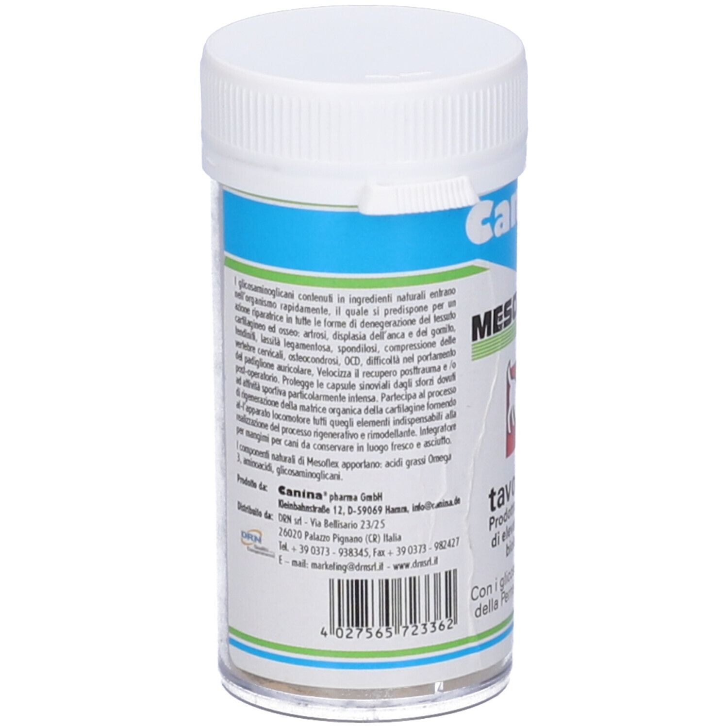 Contenitore bianco con testo sul retro. Scritta: Canina, MESOFLEX JUNIOR, tavolete.