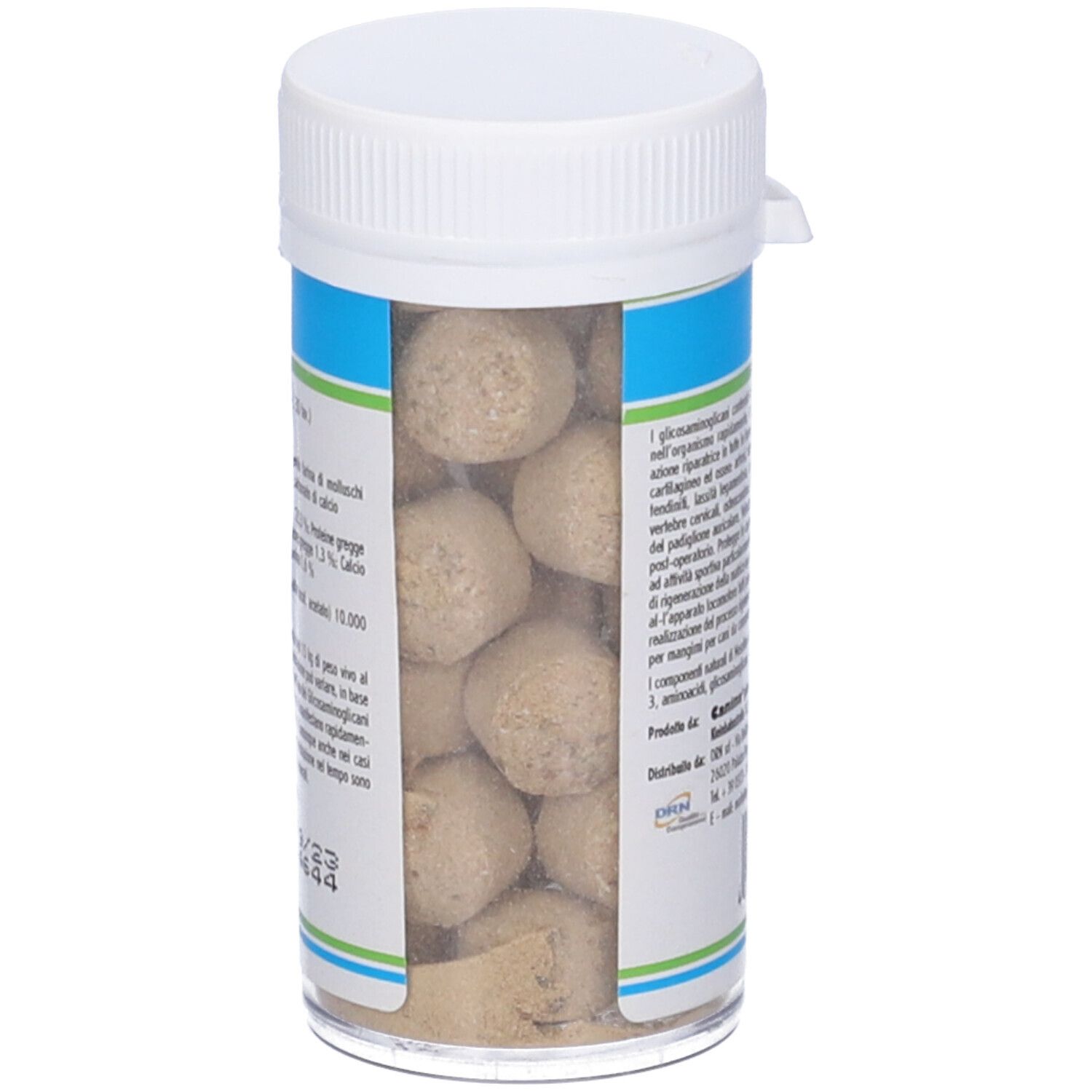 Contenitore trasparente con compresse. Scritta: Canina, MESOFLEX JUNIOR, tavolete.