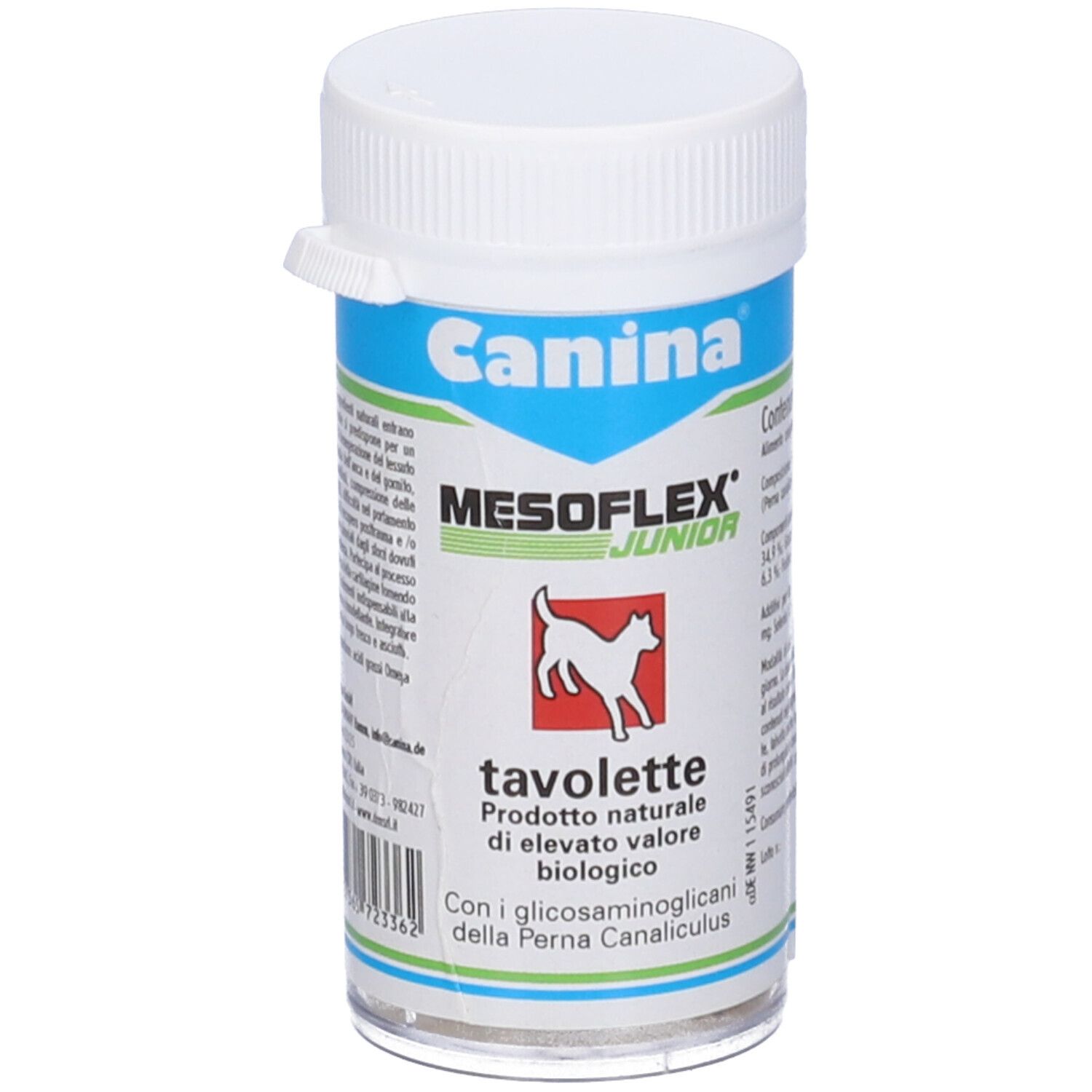 Contenitore bianco con fascia blu-verde. Scritta: Canina, MESOFLEX JUNIOR, tavolete. Logo cane.
