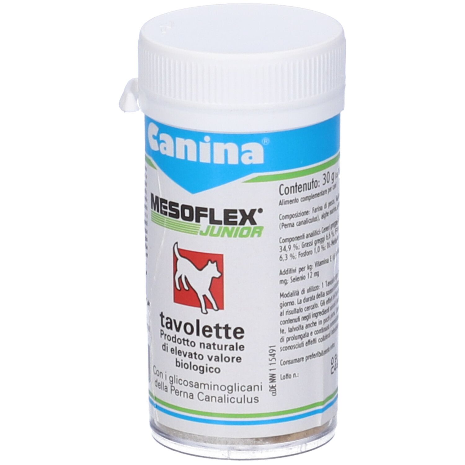 Contenitore bianco con fascia blu-verde. Scritta: Canina, MESOFLEX JUNIOR, tavolete. 30 g.