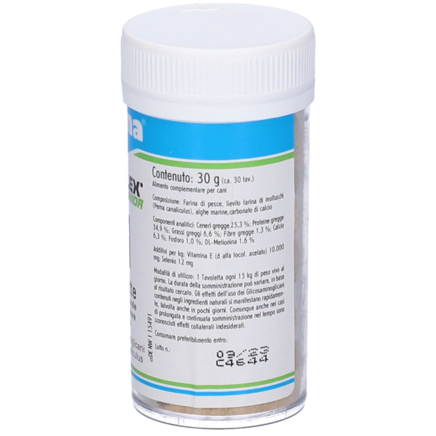 Contenitore bianco con testo sul retro. Scritta: Canina, MESOFLEX JUNIOR, tavolete. 30 g.