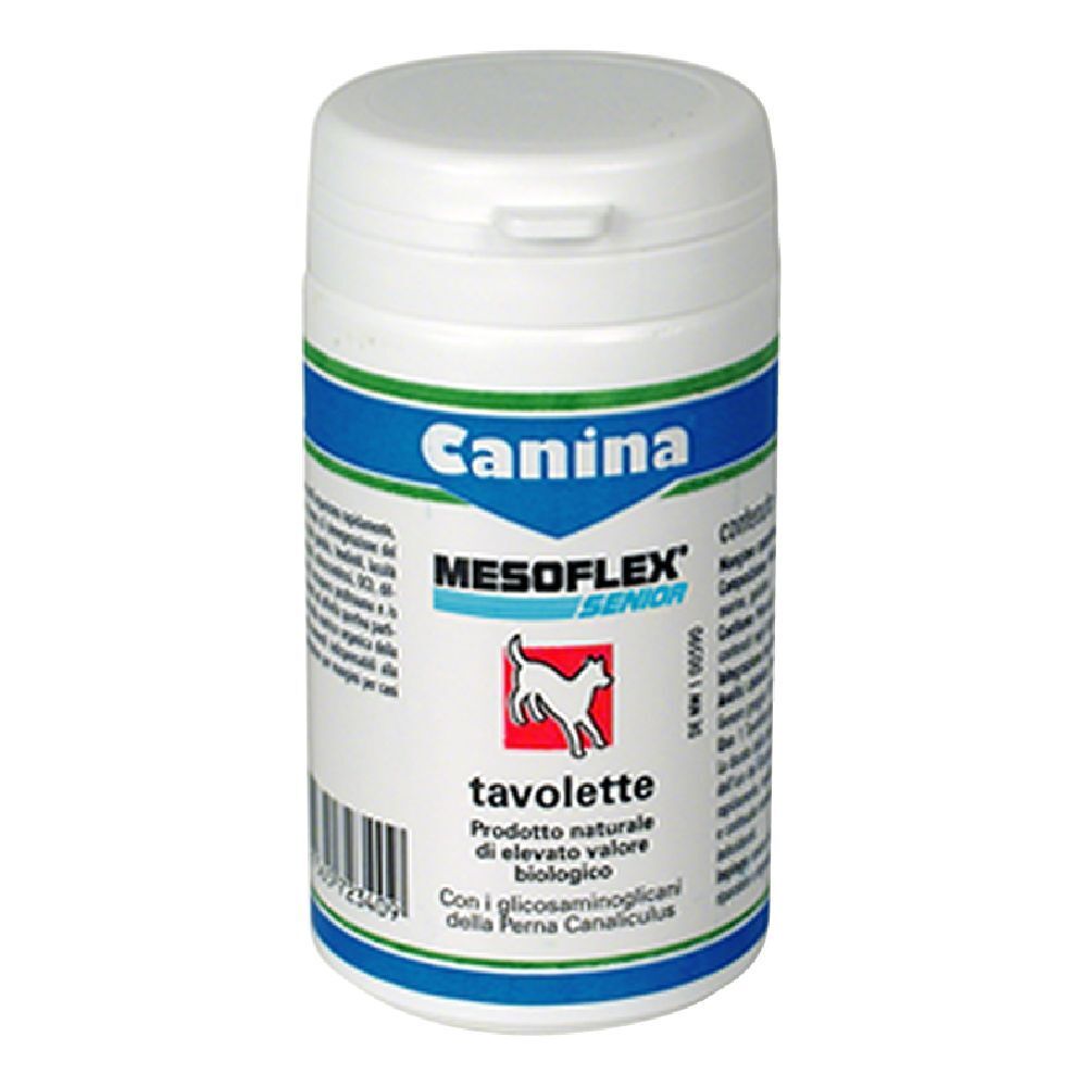 Barattolo bianco con etichetta blu e verde. Scritta: Canina, MESOFLEX SENIOR, tavolete. Immagine di un cane.